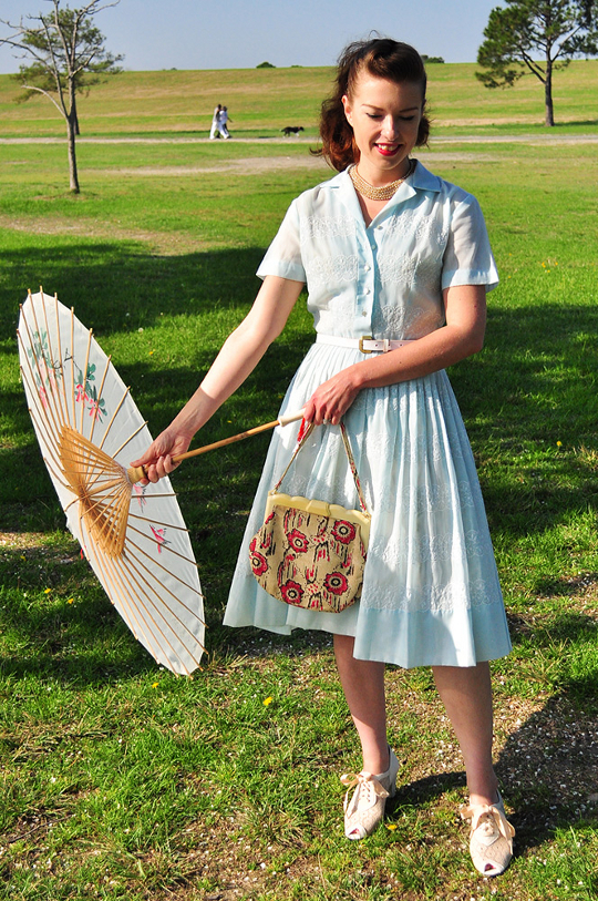 1950s shirtwaist dress with parasol