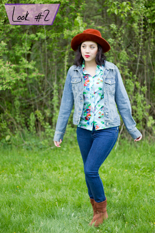 1970s Floral Shirt Outfit photographer modern day flapper styled a 1970s floral shirt with a denim jacket, skinny jeans and vintage brim hat
