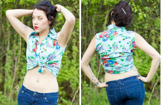 1970s Floral Shirt Pin Up photographer modern flapper wearing a 1970s floral shirt styled like a crop top