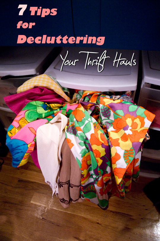 how-to-declutter-thrift-store-finds drawer overflowing with vintage clothing